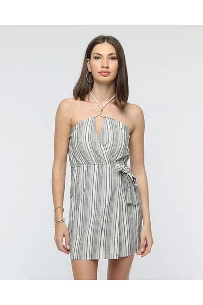 STILVANA Belted Striped Mini Linen Dress