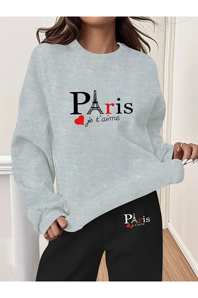 FUFLUNS Paris Je t'Aime Printed Oversize Unisex Cycling Collar Bottom/Upper Tracksuit Set