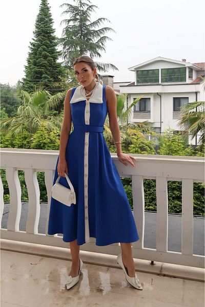 369 etnik butik Contrast Neckline and Button Detail Sleeveless Midi Dress with Belt