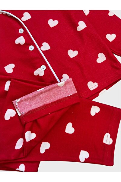 ALİŞ KİDS Kız Çocuk Pamuklu Süet Kumaş Kırmızı Kalp Desenli Gömlek Yaka Düğmeli Uyku Gözlüklü Pijama Takımı