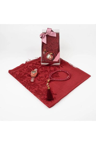 nurfemina Burgundy Lace Shawl and Prayer Beads + Zikirmatik Gift Set - Special Boxed, Stylish Hijab Gift