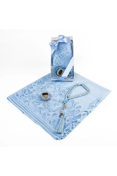 nurfemina Blue Lace Shawl and Pearl Prayer Beads + Dhikr Gift Set - Stylish Boxed, Women's Hijab Gift