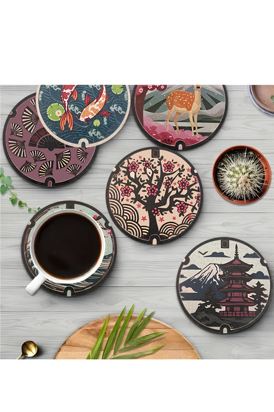 kutuTR Japanese Art Themed 6-Piece Coasters – Mdf – 10 cm Brd-041