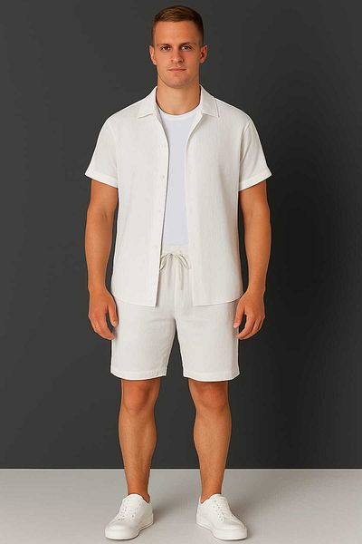 DWN WEAR Bürümcük Crinkle Fabric Summer Lycra Men's Shirt Shorts Set