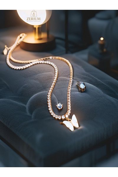 ZERİUM Gold Color Women's Necklace with Waterway Stone and White Butterfly Figure