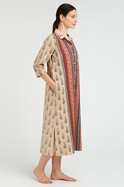 Çeşme Home Çeşme Home Boutique Ethnic Patterned Long Shirt Dress with Pockets – Red / Beige