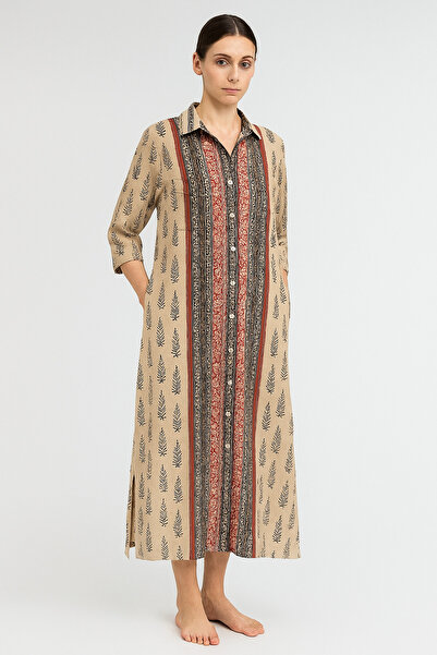Çeşme Home Çeşme Home Boutique Ethnic Patterned Long Shirt Dress with Pockets – Red / Beige