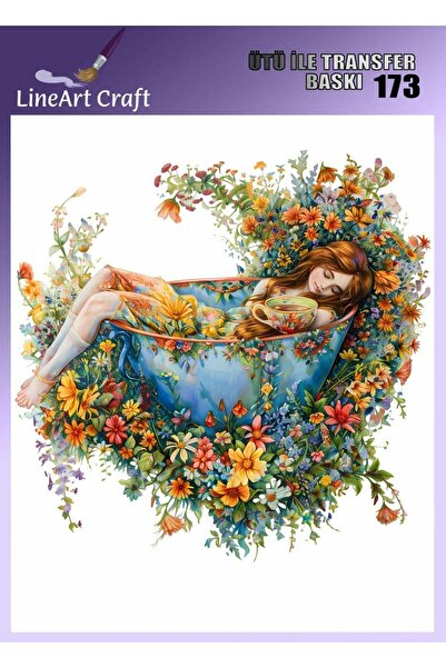 LİNEART Kahve İçen Çiçekli Kız Desenli Ütü İle Transfer Baskı & Kumaş Transfe...
