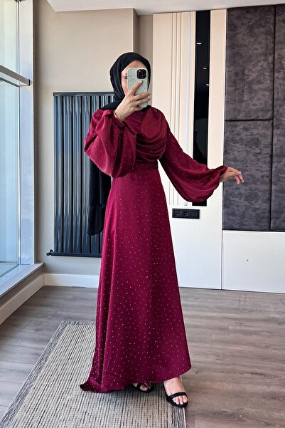 dubai showroom Degaje Yaka Taşlı Saten Elbise Bordo