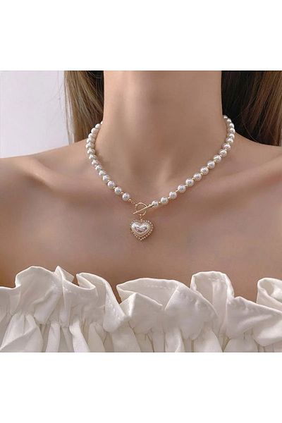 lor Colier choker elegant cu perle si medalion inima