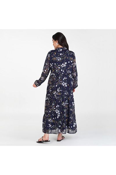 LINELLE Blue and Multicolour Floral Printed Tiered Maxi Dress – Mandarin Collar with Elastic Cuffs