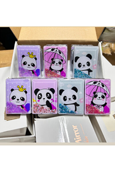 ATABY Panda Tasarımlı Simli Sulu Kozmetik Dikdörtgen Cep Çanta Aynası Kapaklı...