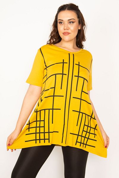 Şans Women's Plus Size Mustard, V-Neck Front Printed Tunic 65N39062