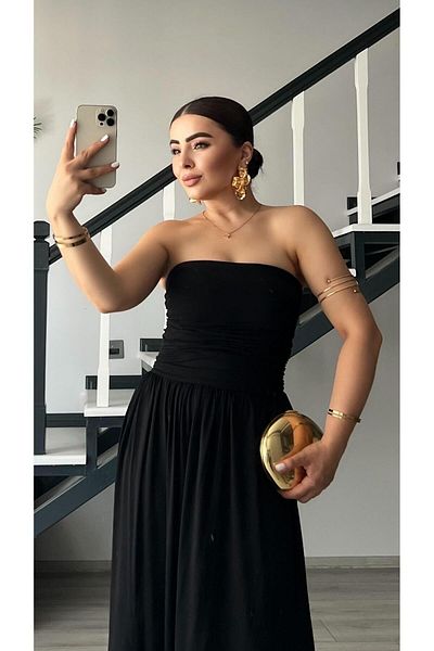 Oslove Black Strapless Gathered Dress