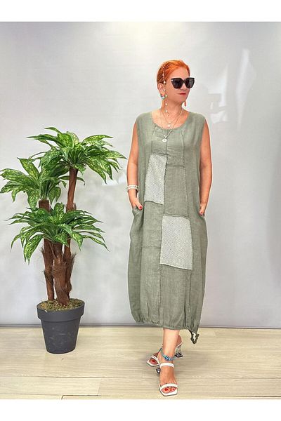 AGORATEKSTİL Women's Italian Sleeveless Mesh Detailed Cotton Oversize Dress