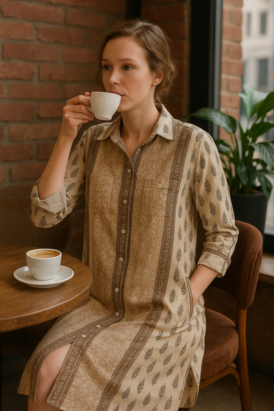 Çeşme Home Çeşme Home Boutique Ethnic Patterned Long Shirt Dress with Pockets – Red / Beige