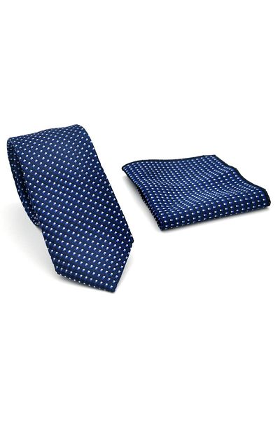 Gaffy White Small Square Pattern Navy Blue Woven Fabric Handkerchief Slim Fit Tie // Sdk-2511-2