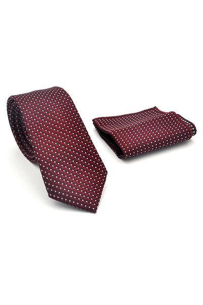 Gaffy White Small Square Patterned Burgundy Woven Fabric Slim Fit Tie with Handkerchief // Sdk-2511-3