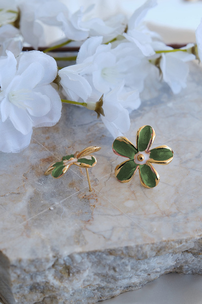 AURRARİ Haki Ve Beyaz Mineli Papatya Küpe