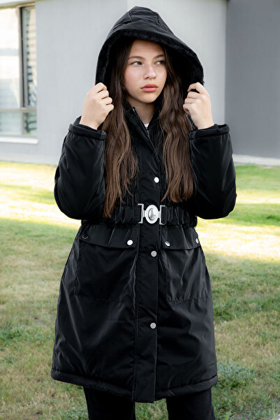 Cansın Mini Siyah Kemerli Nubuk Kumaş Kız Çocuk İçi Kürklü Kapüşonlu Şişme Mont 21311