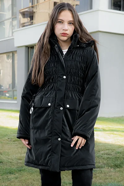 Cansın Mini Black Belted Nubuck Fabric Girl's Fur Lined Hooded down Jacket 21311