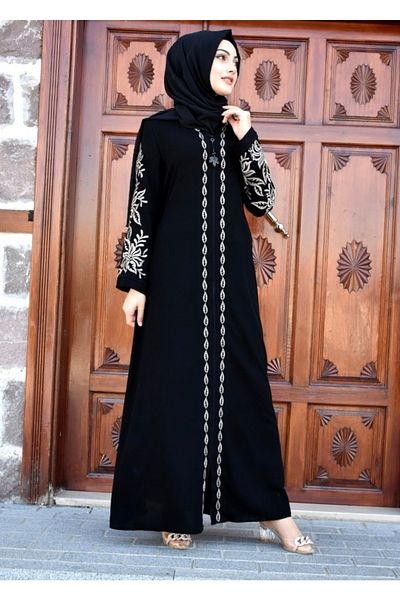 sümeyra Grain Embroidery Processing Black Long Plus Size Ferace