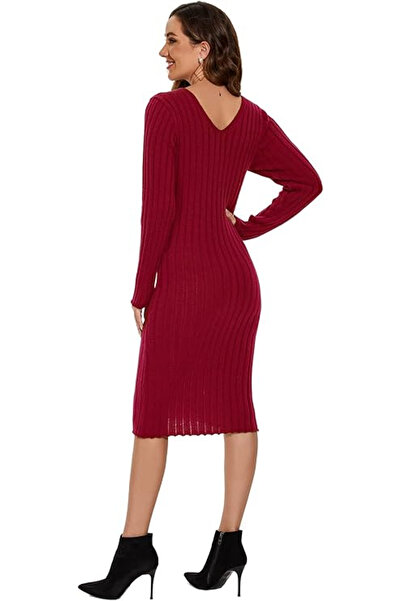 OEM Short, fitted, long-sleeved, elastic knitted dress, burgundy, S
