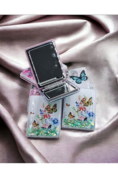 ATABY Kelebek Tasarımlı Büyüteçli Simli Sulu Kozmetik Dikdörtgen Cep Çanta Ay...