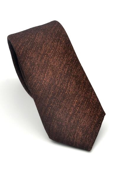Gaffy Beige Crinkle Patterned Dark Brown Woven Fabric Slim Fit Tie with Handkerchief // Sdk-2501-6