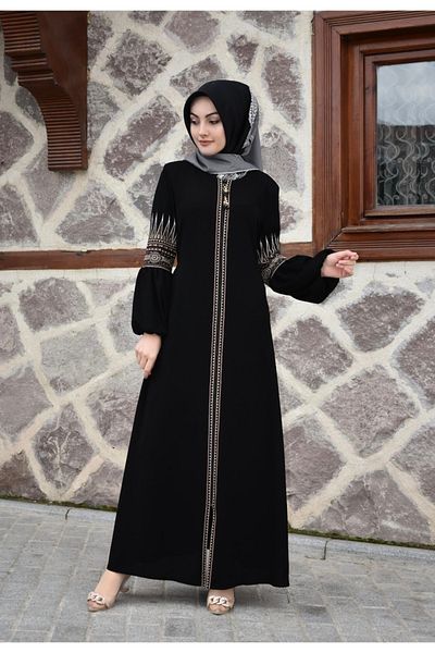 sümeyra Handwork Embroidery Black Plus Size Ferace
