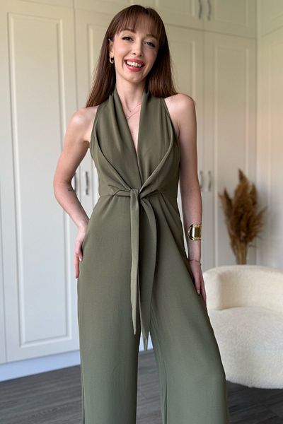 Dilay Gökoğlu Butik Khaki Front Tie Wide Leg Jumpsuit