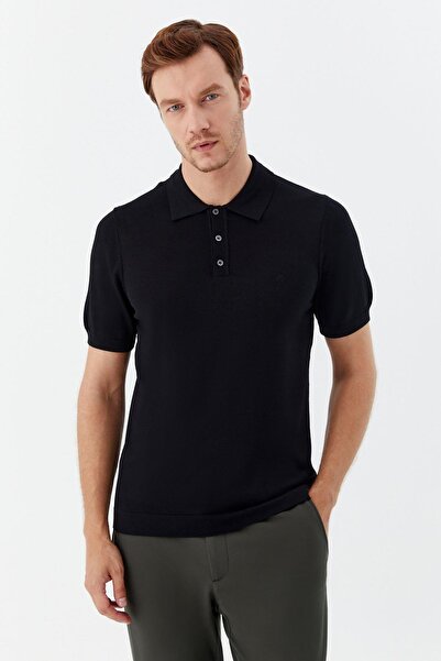 Sabri Özel Erkek Siyah Dar Kesim Slim Fit %100 Pamuk Dokuma Düğmeli Polo Yaka...