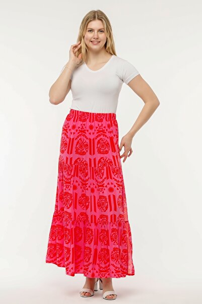BNZ TEKSTİL Pink Red Patterned Viscose Fabric Long Skirt with Ruffle and Slit