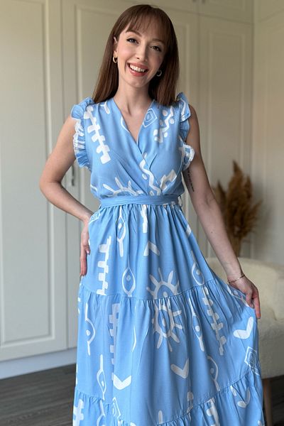 Dilay Gökoğlu Butik Double Breasted Blue Patterned Midi Dress