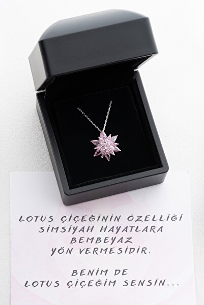 SAKLI TAKI 925 Ayar Gümüş Işıklı Kutu Pembe Taşlı Buzlu Lotus Kolye