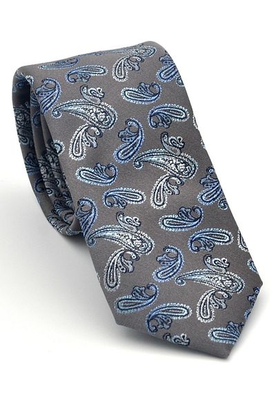 Gaffy Blue Shawl Patterned Gray Woven Fabric Slim Fit Tie with Handkerchief // Sdk-2507-4