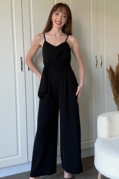 Dilay Gökoğlu Butik Askılı Viskon Bağlamalı Siyah Tulum