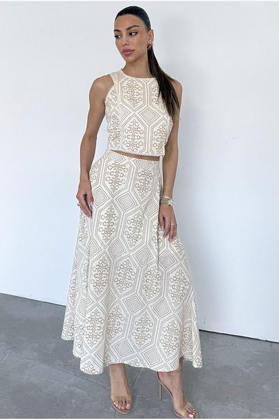 Suzi Embroidery Pattern Printed Crop Bluz and Skirt Set Cr5004