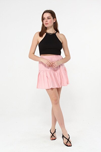 BNZ TEKSTİL Elastic Waist Plain Pink Color Shorts Skirt