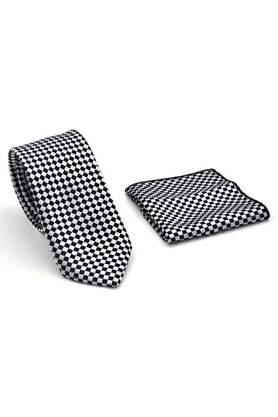 Gaffy Black Piti Square Patterned White Woven Fabric Handkerchief Slim Fit Tie // Sdk-2503-4