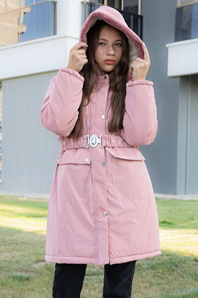 Cansın Mini Pink Belted Nubuck Fabric Girl's Fur Lined Hooded down Jacket 21312