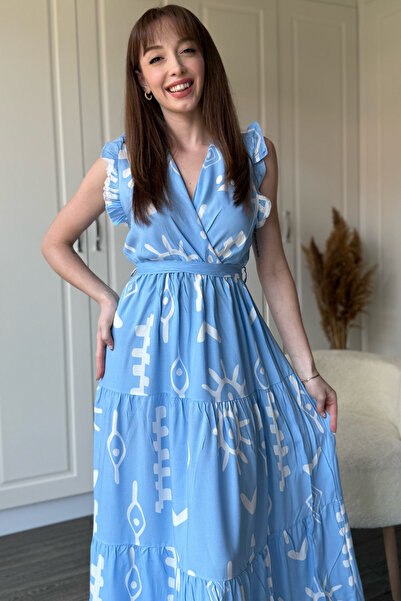 Dilay Gökoğlu Butik Μίντι φόρεμα με διπλό στήθος με μπλε σχέδιο