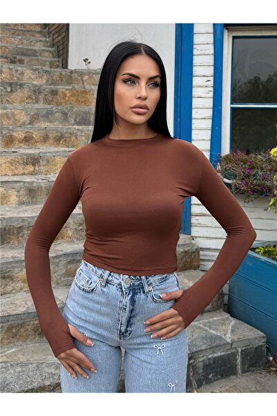 WeShaya Γυναικείο μακρυμάνικο μπλουζάκι από βισκόζη με λαιμόκοψη σε καφέ χρώμα