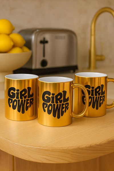 çokaş Pack of 3 Gold Color Coffee Mug Cups with Text Printed