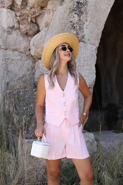 bytugcekaya Candy Pink Linen Button Detail Vest Shorts Suit