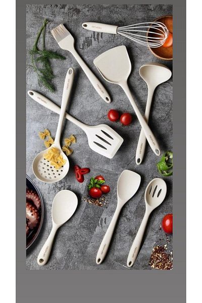 NEOFLAM Silicone Beige 9 Piece Cooking Serving Set Ladle Colander Rice Spoon