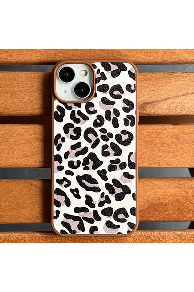 EDELFU iPhone 13 - 14 Leopard Patterned Side Silicone Back Leather Case – Soft Velvet Inner Lining Cover