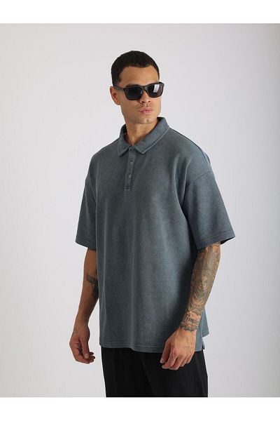 EGHO Washed Double Pique Fabric Men's Polo Neck Loose Fit T-Shirt with Tumbled Effect
