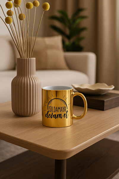 çokaş Pack of 3 Gold Color Coffee Mug Cups with Text Printed