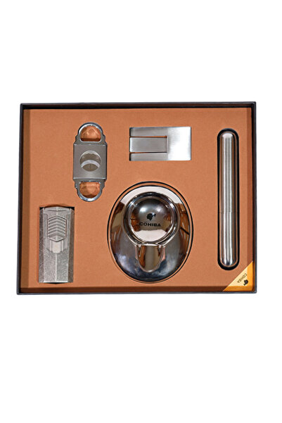 COHİBA Çakmak Kesici Küllük Sehpa Tüp Gümüş Beşli Puro Seti